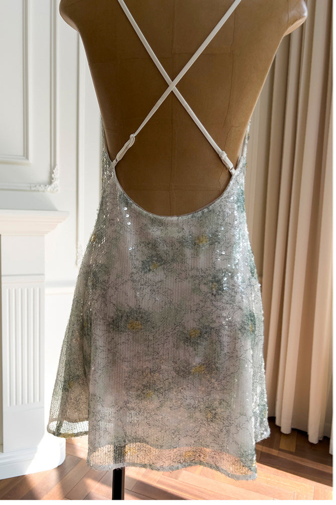 
                      
                        Cow Neck Green Floral Print Sequin Short Dress
                      
                    