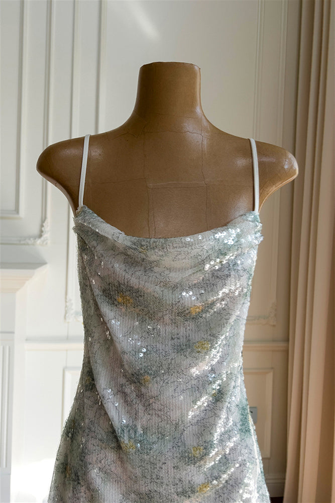 
                      
                        Cow Neck Green Floral Print Sequin Short Dress
                      
                    