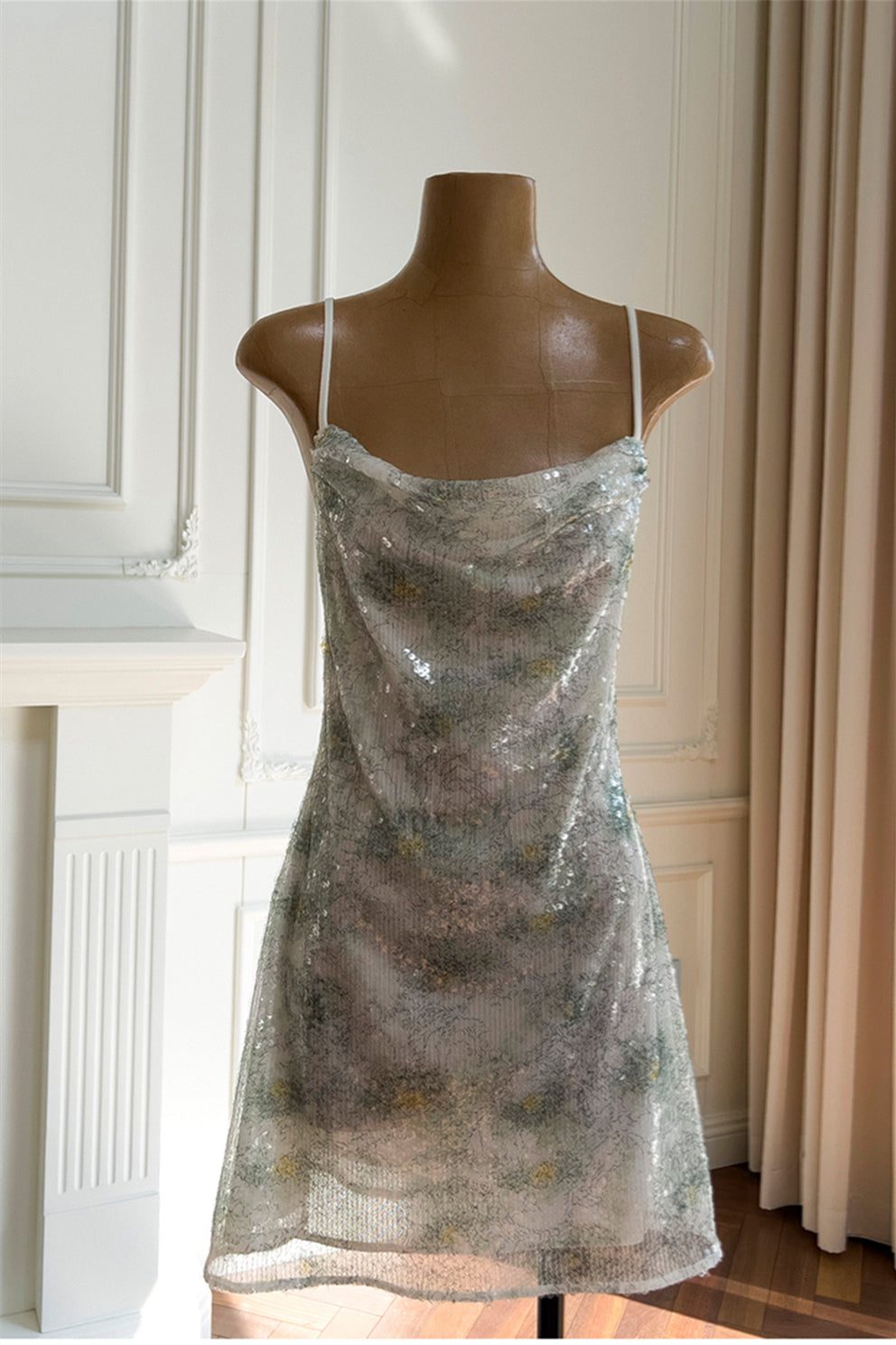 Cow Neck Green Floral Print Sequin Short Dress