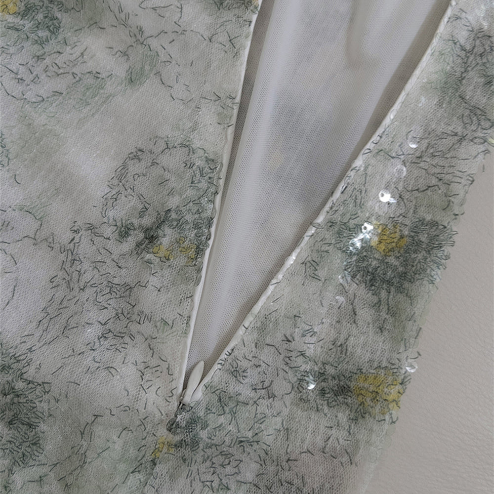 
                      
                        Cow Neck Green Floral Print Sequin Short Dress
                      
                    