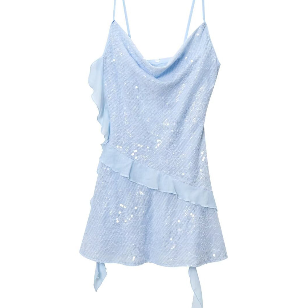 
                      
                        Cowl Neck Apricot Sequin Ruffled Hem Mini Dress
                      
                    