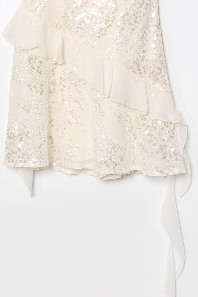 
                      
                        Cowl Neck Apricot Sequin Ruffled Hem Mini Dress
                      
                    