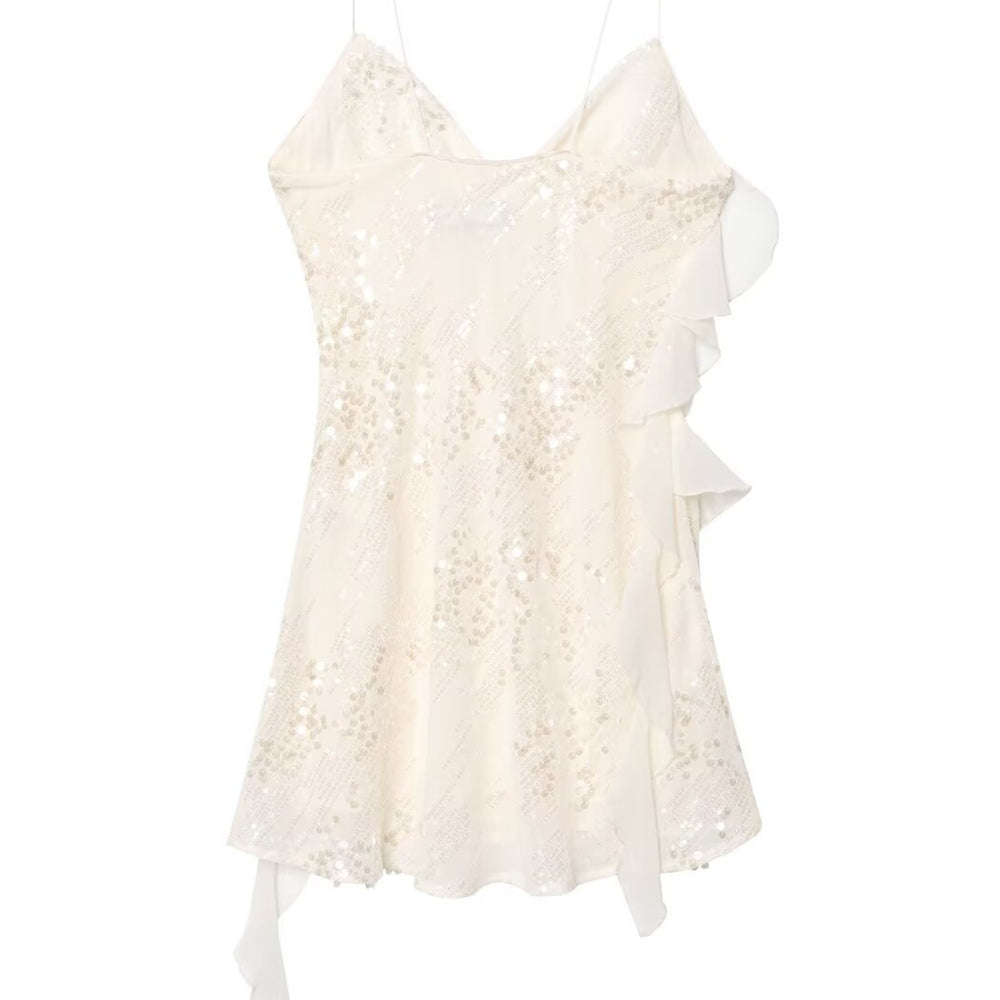
                      
                        Cowl Neck Apricot Sequin Ruffled Hem Mini Dress
                      
                    