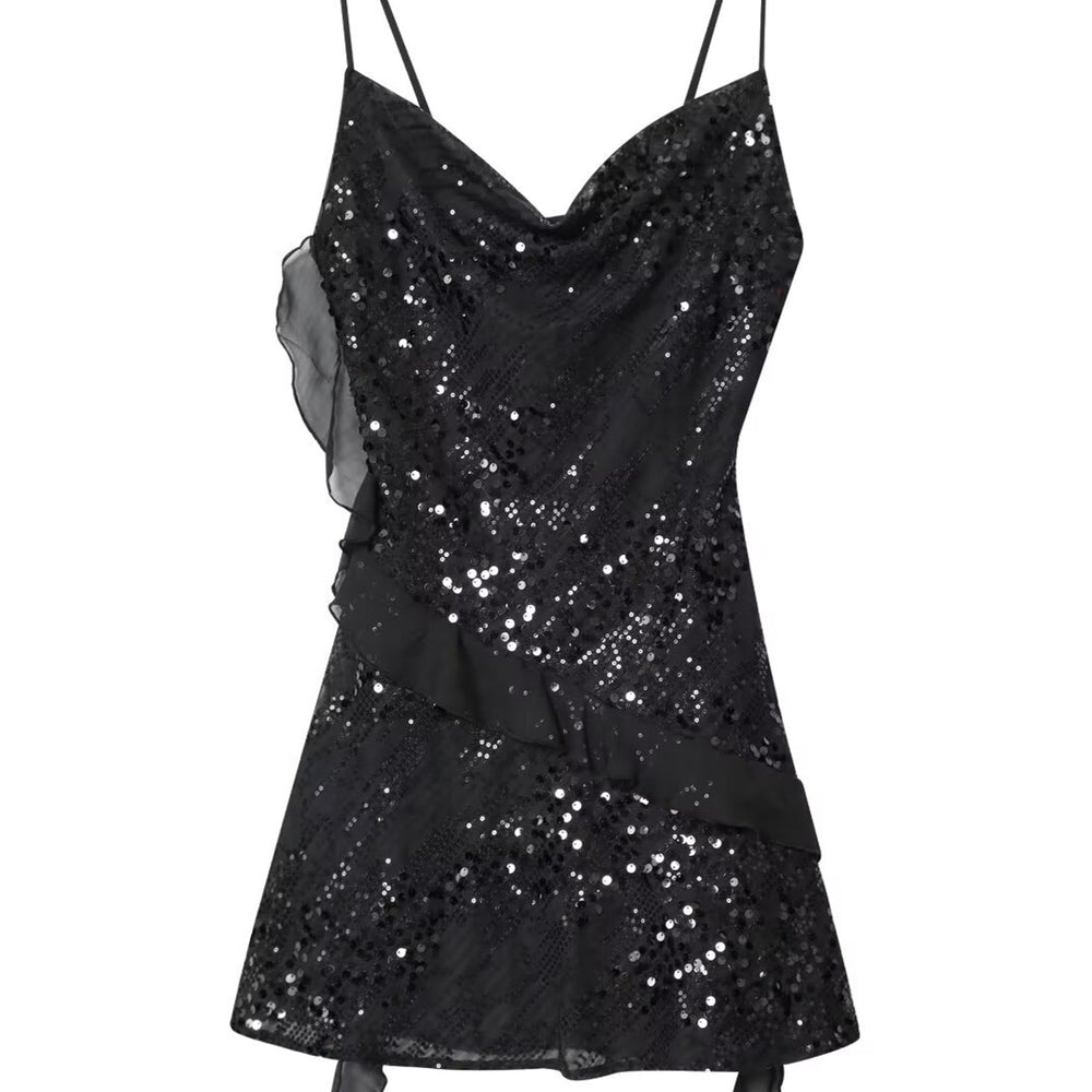 
                      
                        Cowl Neck Apricot Sequin Ruffled Hem Mini Dress
                      
                    