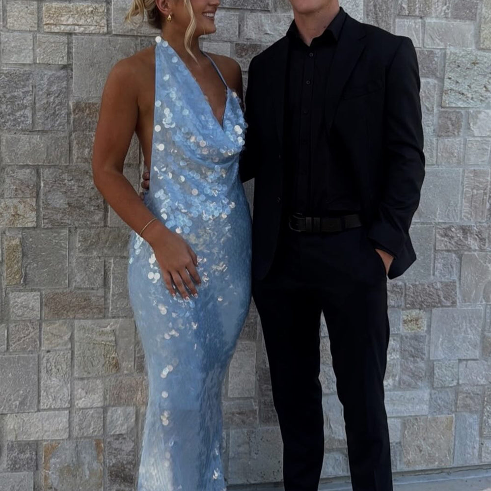 
                      
                        Cowl Neck Blue Open Back Sequin Maxi Dress
                      
                    