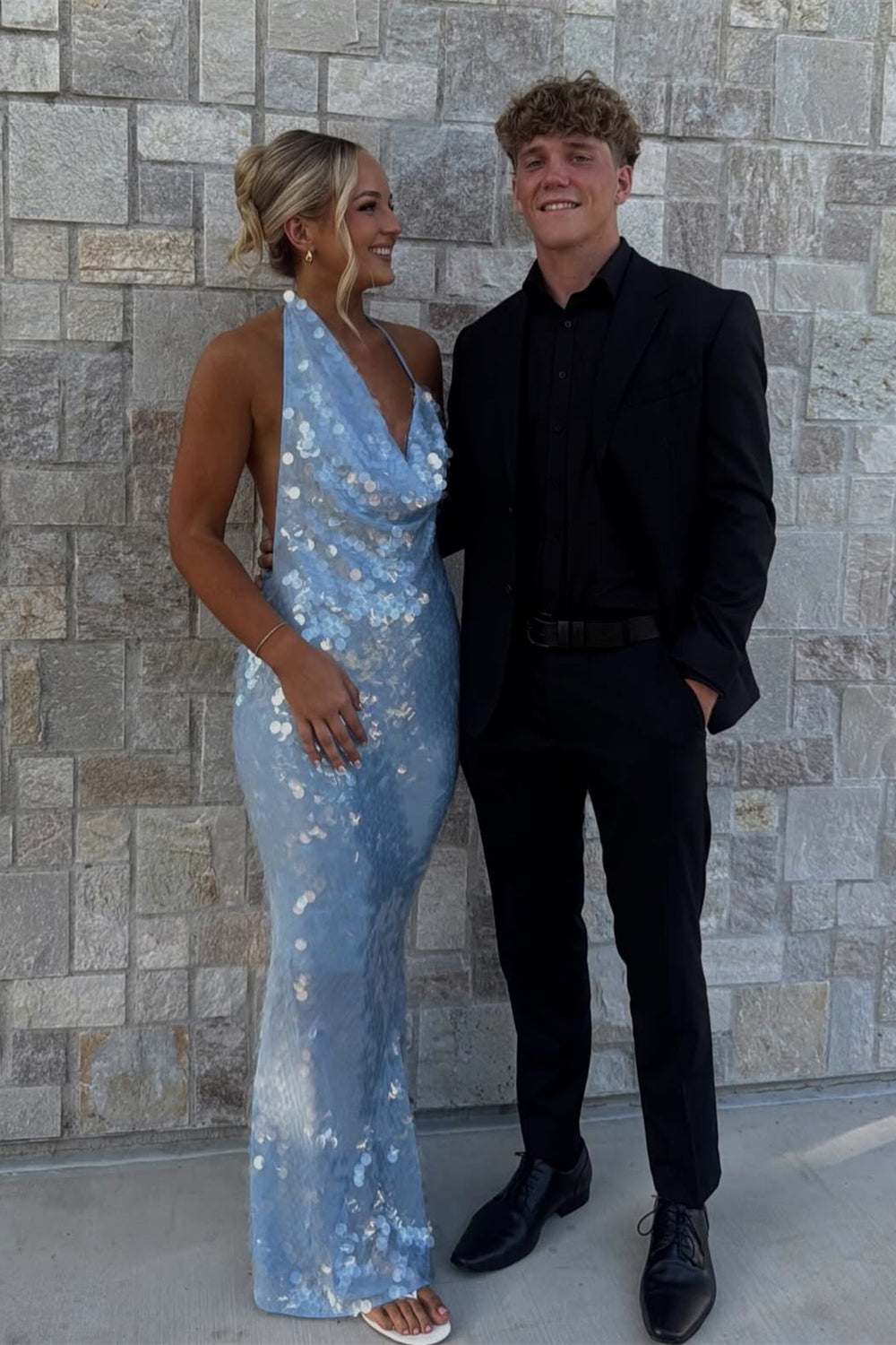 Cowl Neck Blue Open Back Sequin Maxi Dress