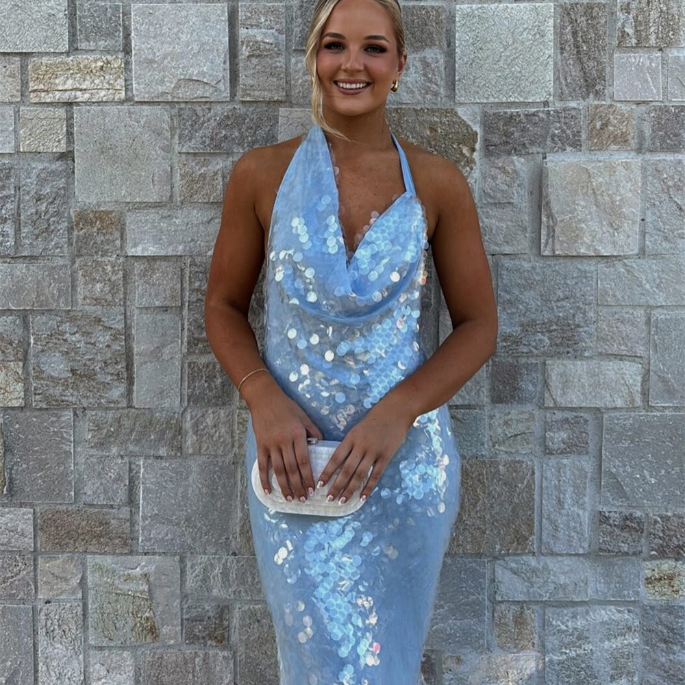 
                      
                        Cowl Neck Blue Open Back Sequin Maxi Dress
                      
                    