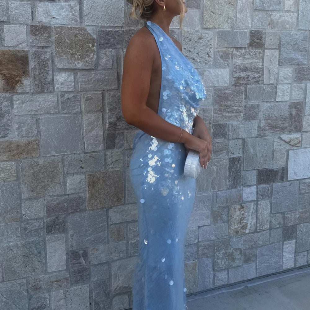 
                      
                        Cowl Neck Blue Open Back Sequin Maxi Dress
                      
                    