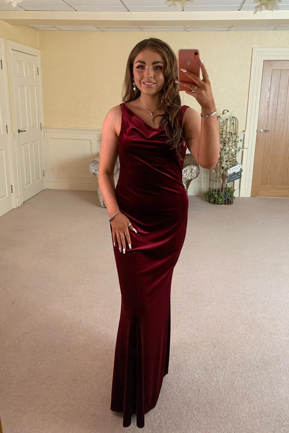 Cowl Neck Burgundy Velvet Bridesmaid Dress