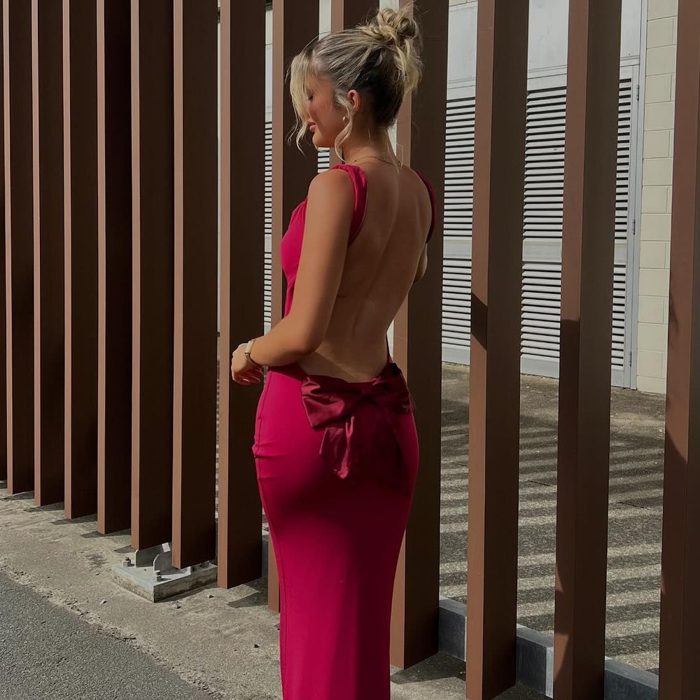 
                      
                        Cowl Neck Deep Red Backless Long Dress with Bow
                      
                    