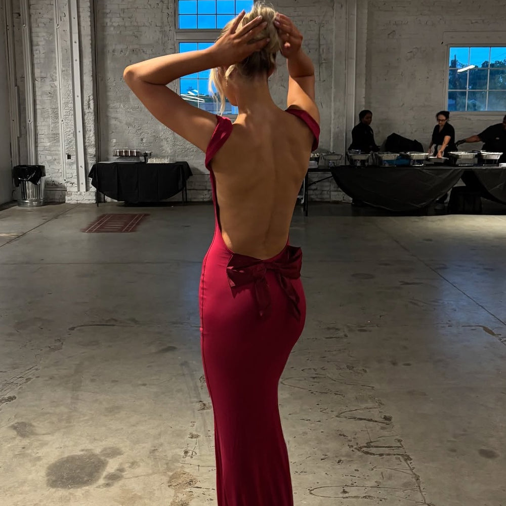
                      
                        Cowl Neck Deep Red Backless Long Dress with Bow
                      
                    