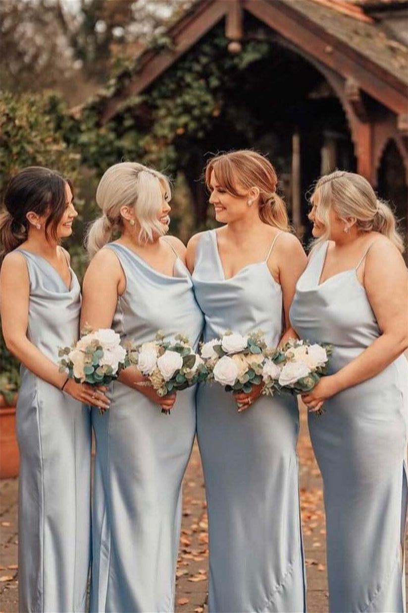 Cowl Neck Dusty Blue Satin Bridesmaid Dresses PollyBoutique Cowl Neck Dusty Blue Satin Bridesmaid Dresses PollyBoutique