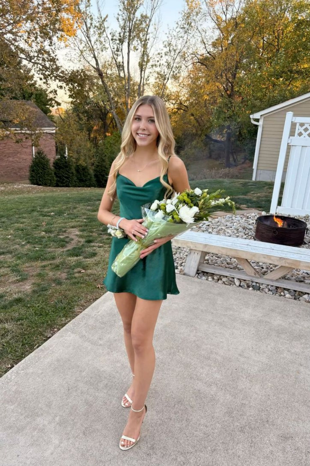 Cowl Neck Emerald Green A-line Short Dress