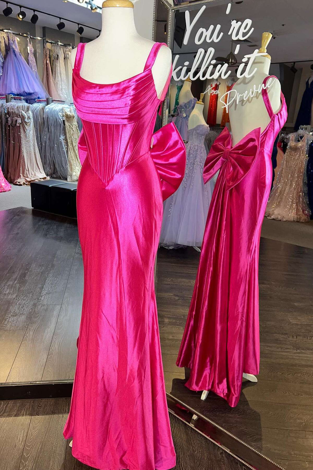 Cowl Neck Fuchsia Back Bow Mermaid Long Dress