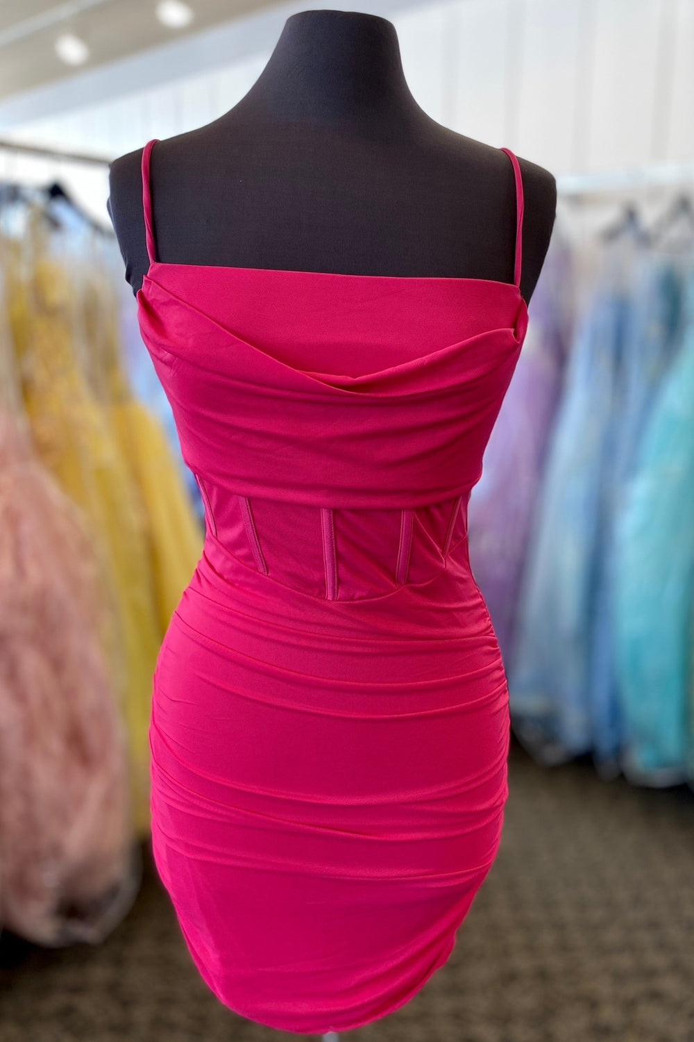 Cowl Neck Hot Pink Ruched Tight Short Dress