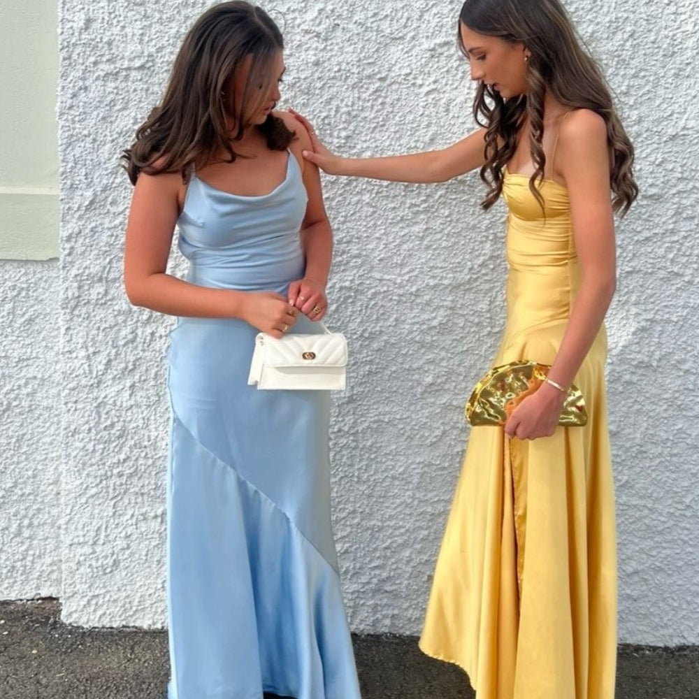 
                      
                        Cowl Neck Light Blue Back Tie Satin Long Dress
                      
                    