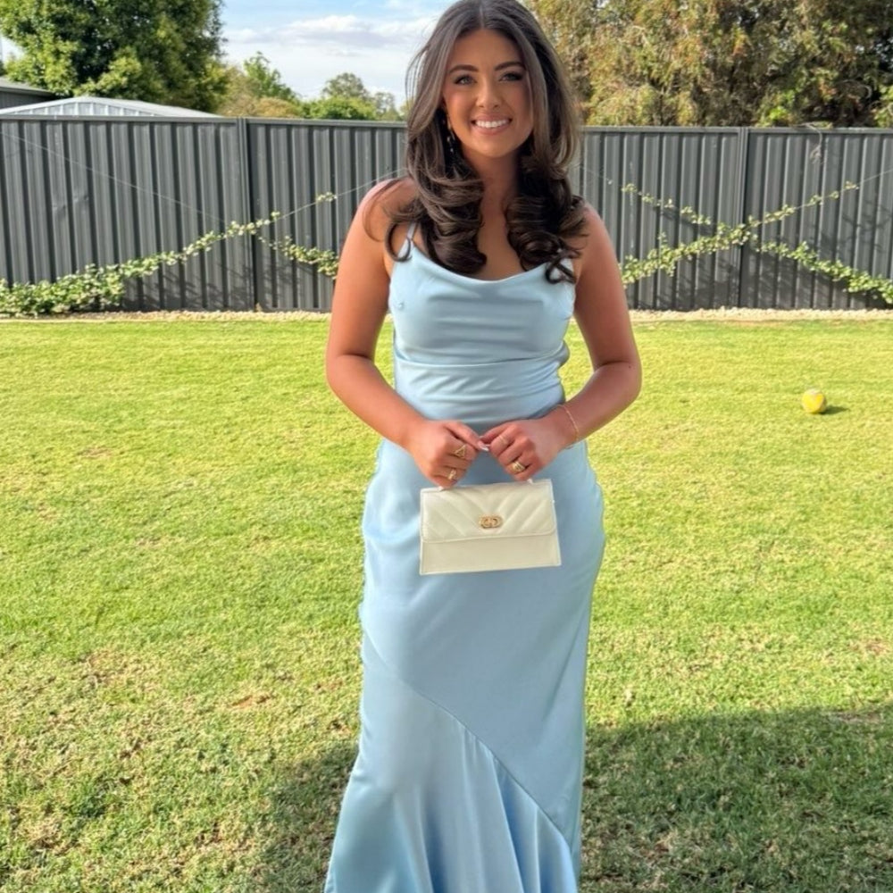 
                      
                        Cowl Neck Light Blue Back Tie Satin Long Dress
                      
                    