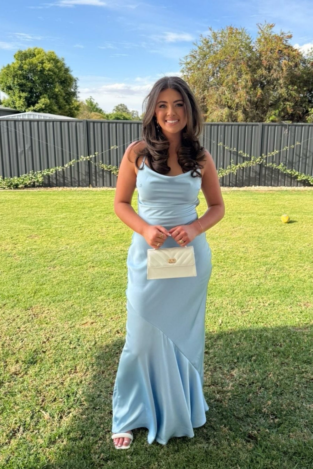 Cowl Neck Light Blue Back Tie Satin Long Dress