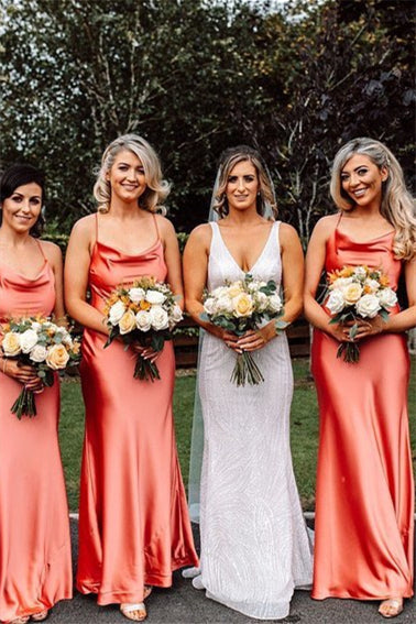 Cowl Neck Orange A-line Satin Bridesmaid Dress