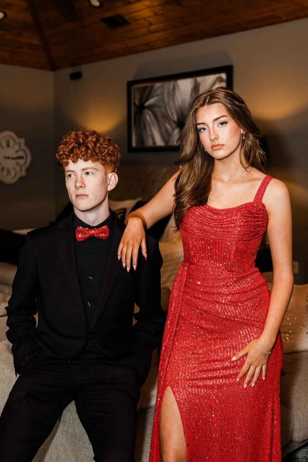 Cowl Neck Red Sequin Ruched Long Dress with Side Train