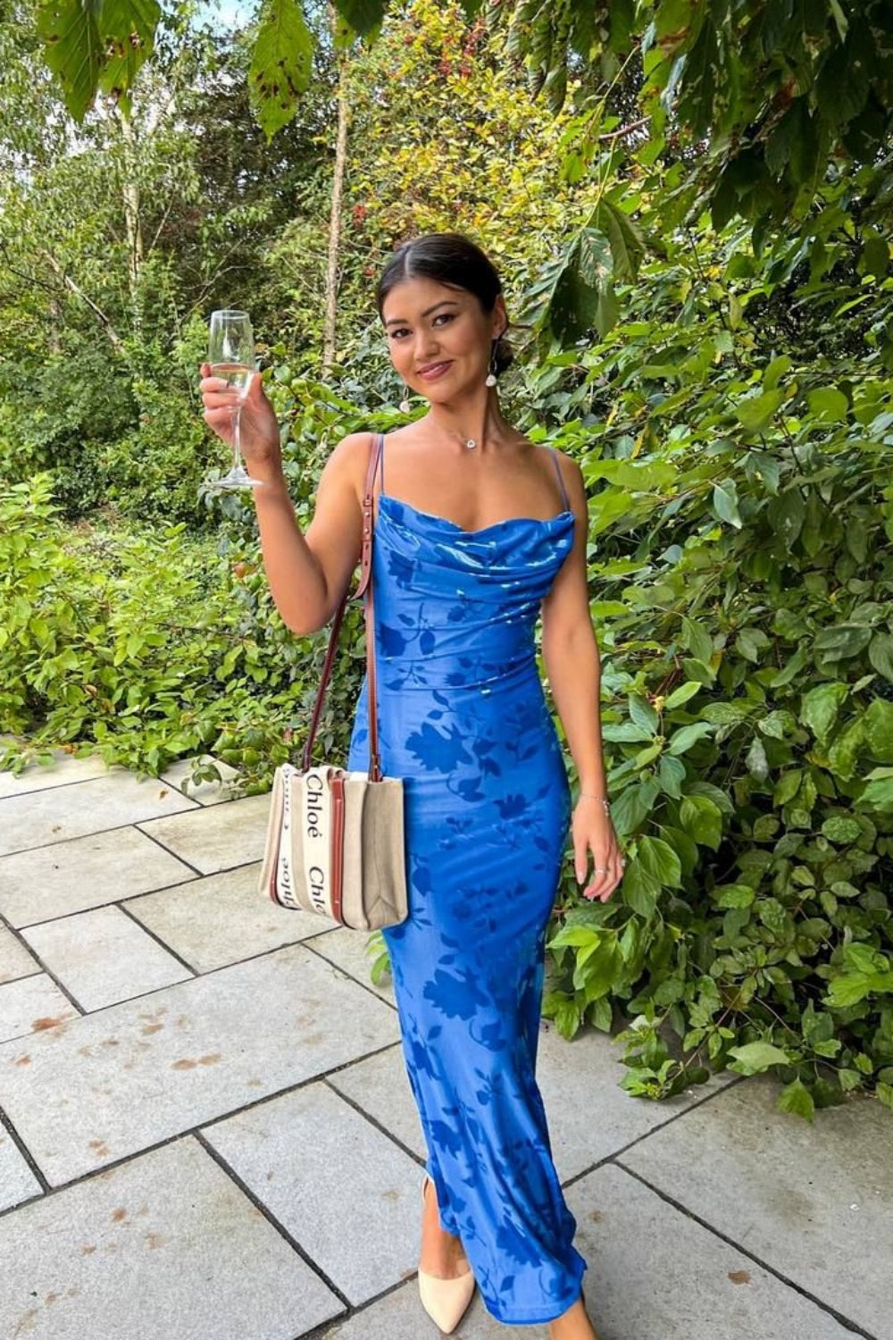 Cowl Neck Royal Blue Floral Sheath Maxi Dress