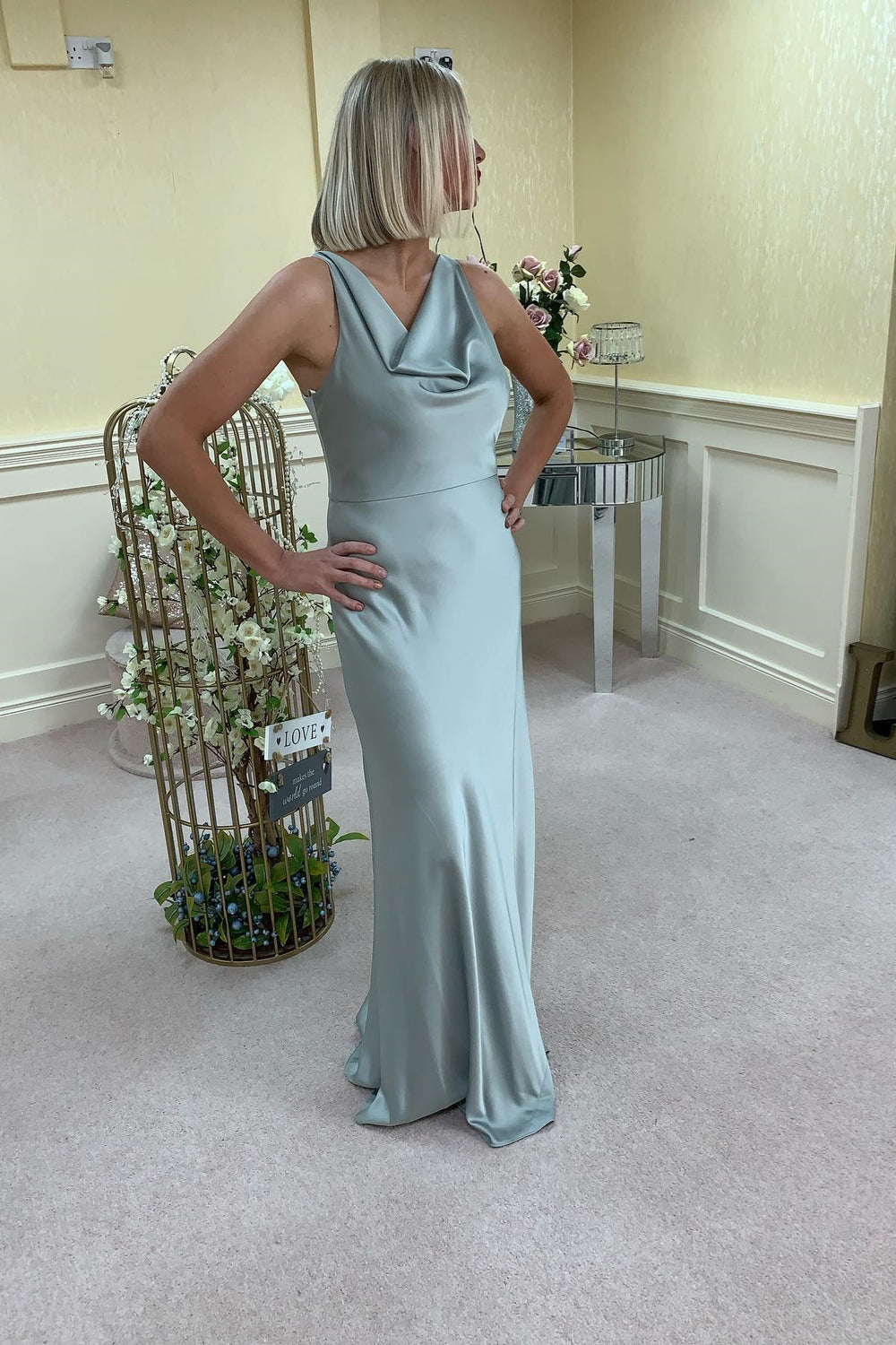 Cowl Neck Sage Green Long Bridesmaid Dress