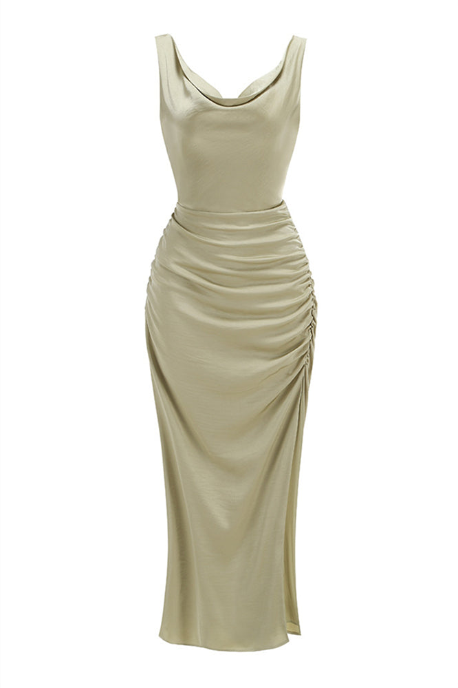 Cowl Neck Sage Green Sheath Long Dress with Slit