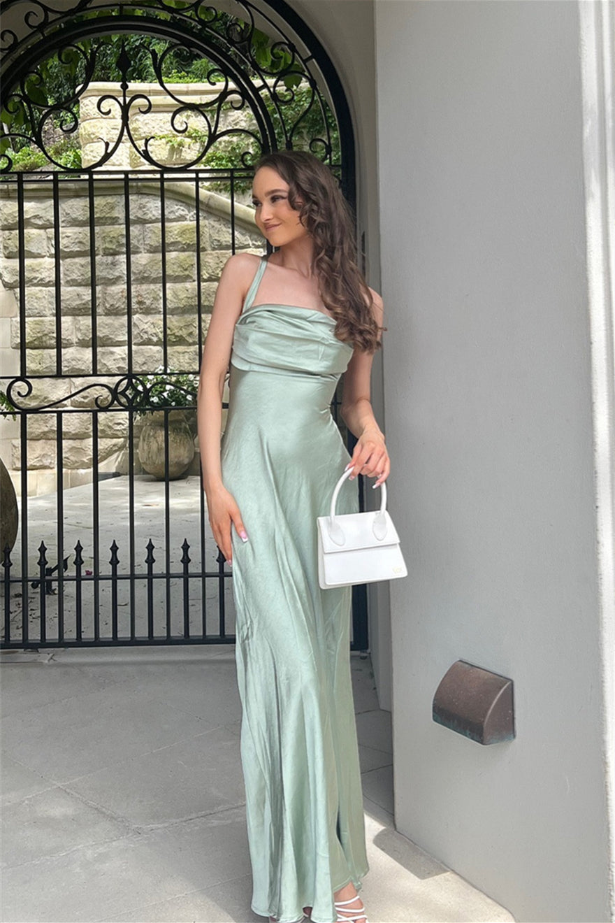 Cowl Neck Sage Green Sheath Satin Bridesmaid Dress