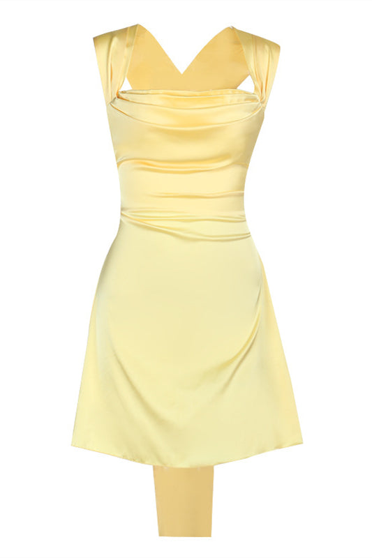 Cowl Neck Yellow Back Bow A-line Short Dress