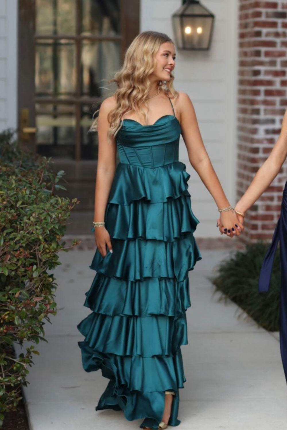 Cowl Neck Blue Tiered Long Dress with Slit