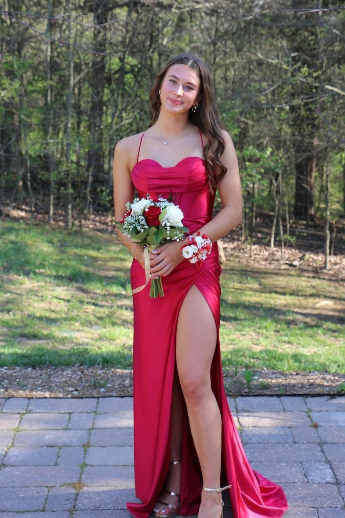 Cowl Neck Rose Ruched Mermaid Long Dress with Slit