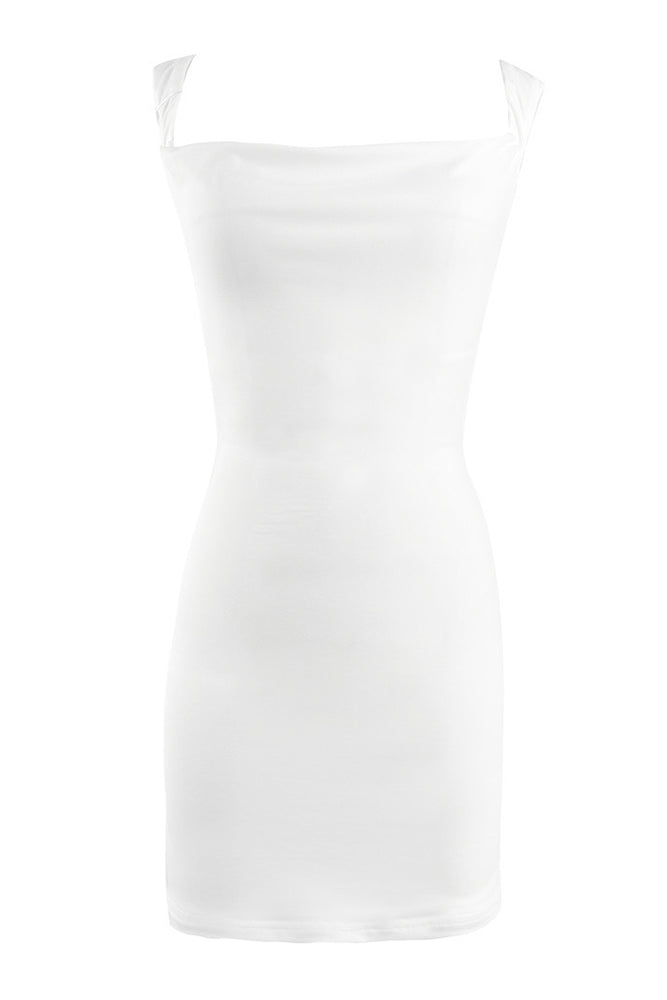 
                      
                        Cowl Neck White Backless Short Dress with Bow
                      
                    