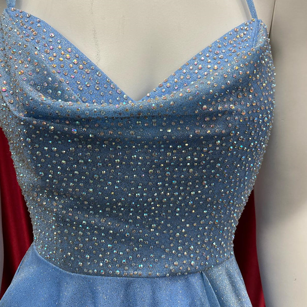 
                      
                        Cowl Neck Blue Beaded Short Homecoming Dress
                      
                    