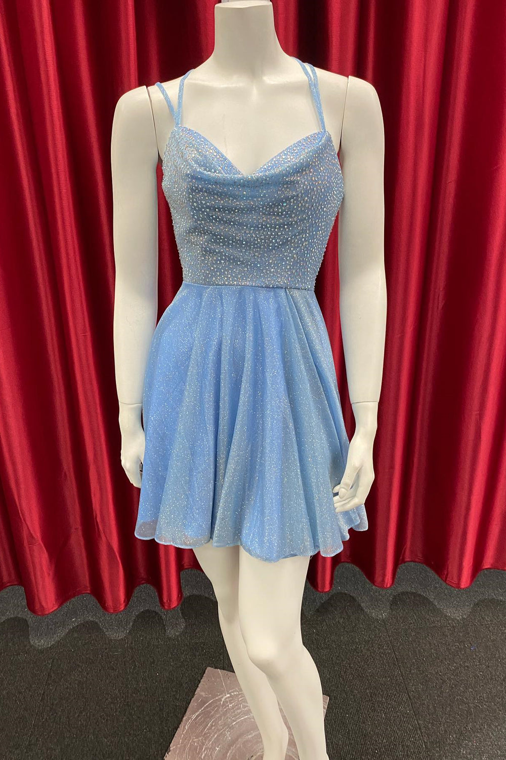 Cowl Neck Blue Beaded Short Homecoming Dress