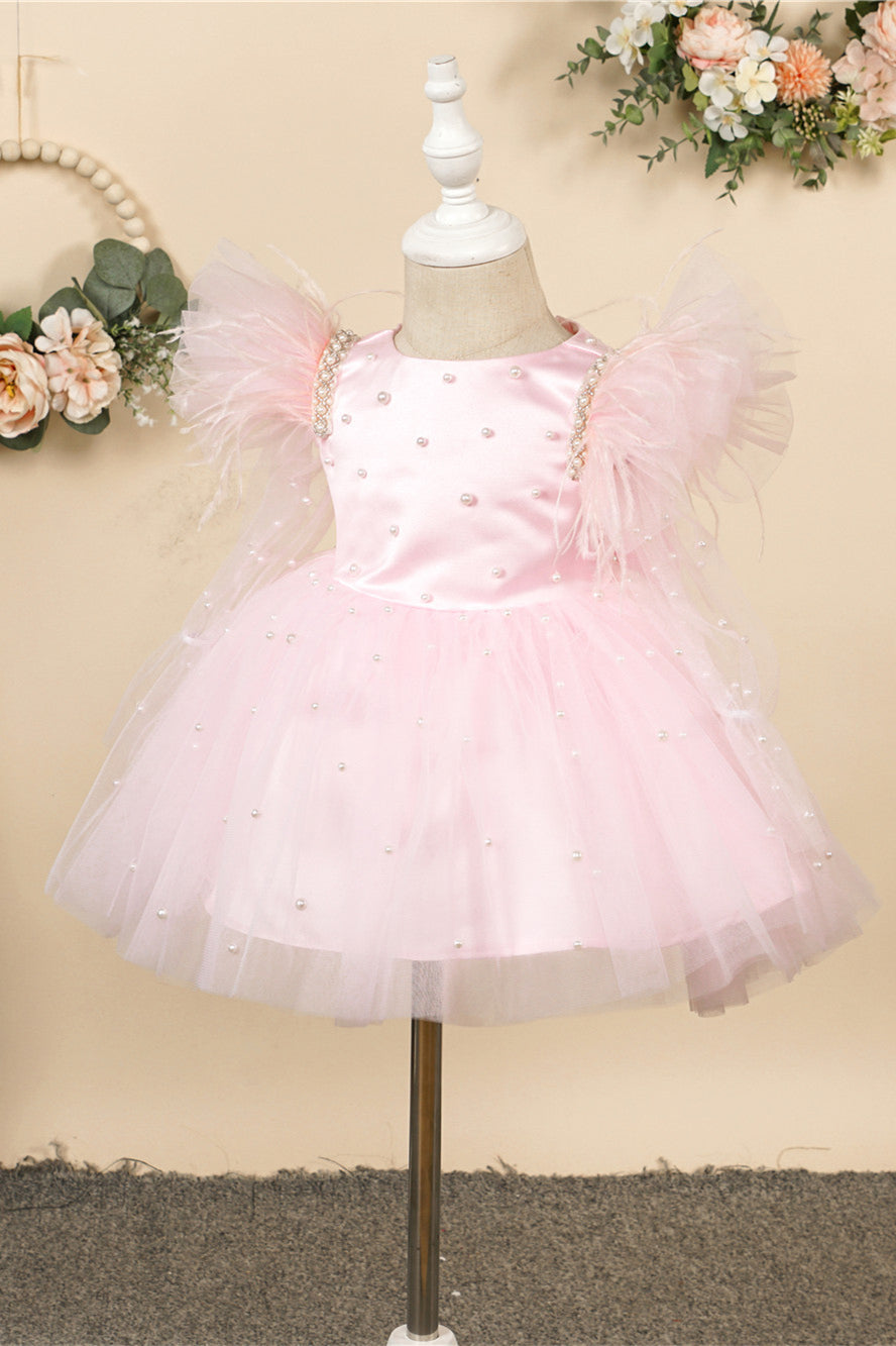 Crew Neck Pink A-line Flower Girl Dress with Pearls