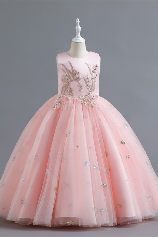 Crew Neck Pink Appliques Flower Girl Dress with Pearls