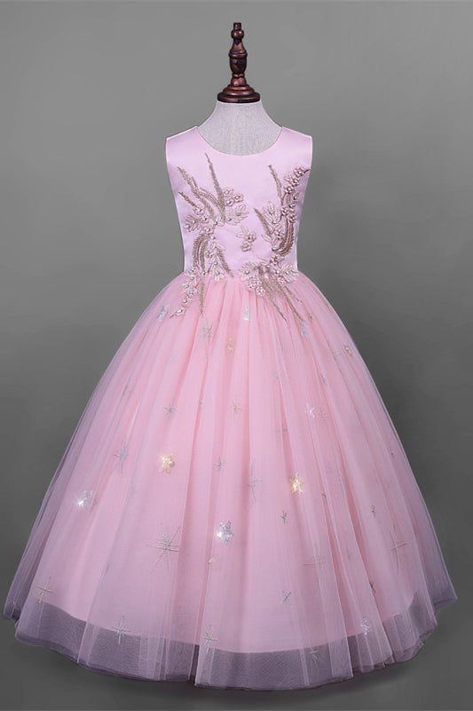 
                      
                        Crew Neck Pink Appliques Flower Girl Dress with Pearls
                      
                    