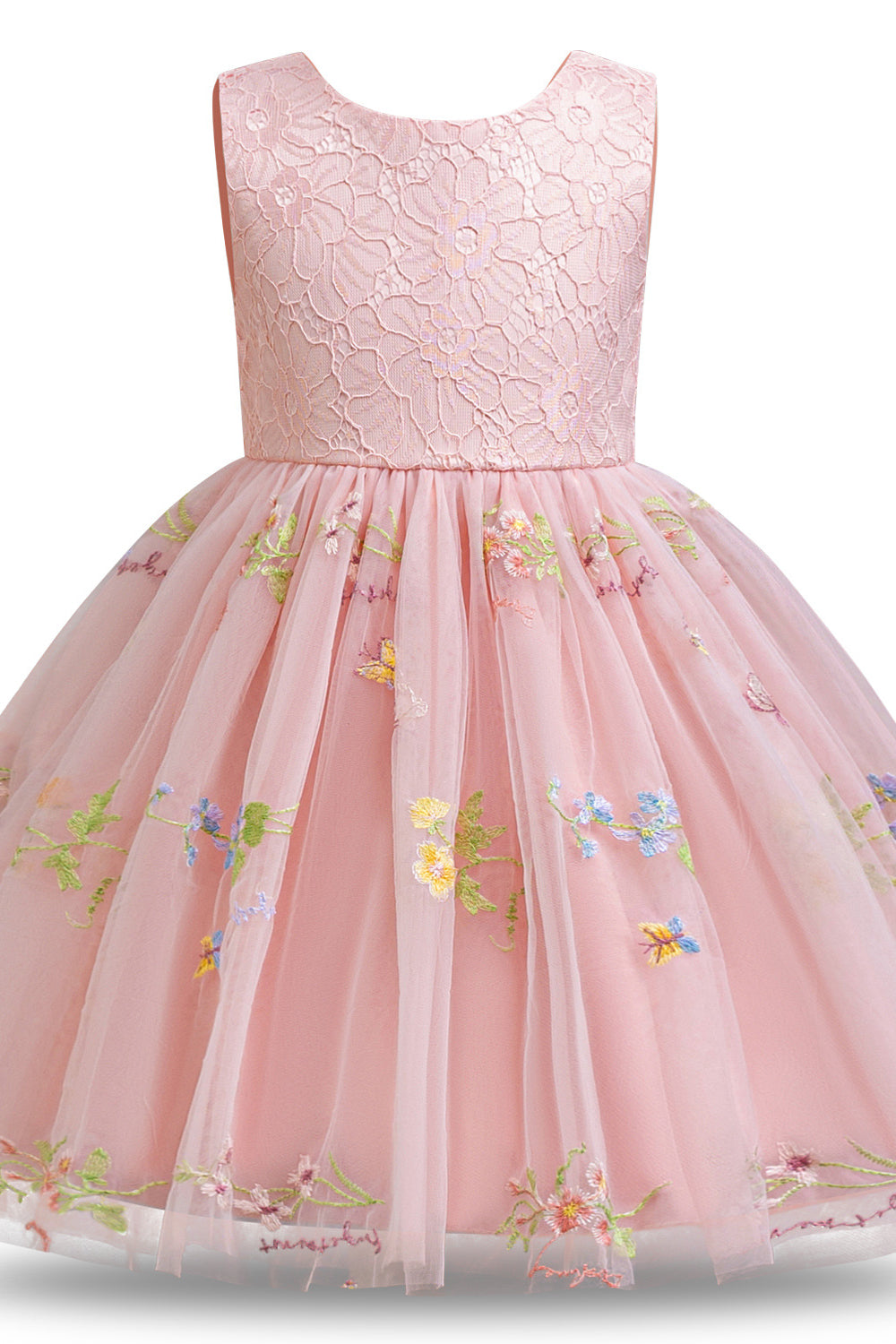 Crew Neck Pink Embroidery Flower Girl Dress