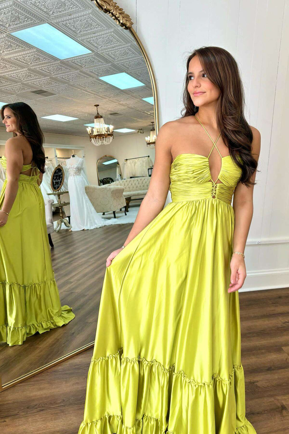 Criss-cross Chartreuse Ruched A-line Long Dress