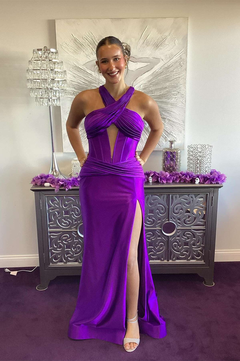 Cross Halter Purple Mermaid Long Dress with Slit