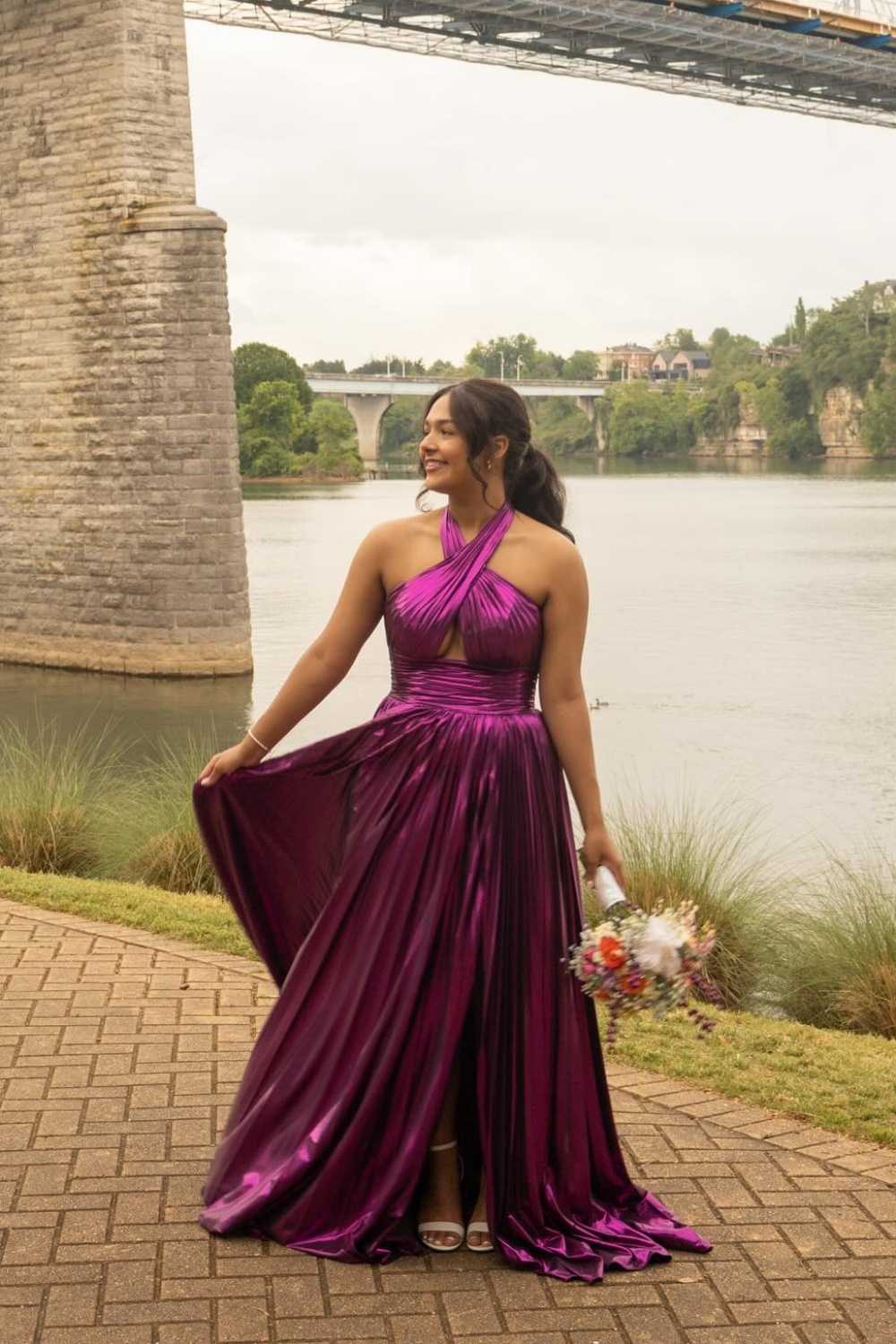 Cross Halter Blue Pleated Metallic Long Dress