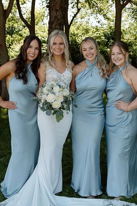 Cross Halter Champagne Sheath Satin Long Dress