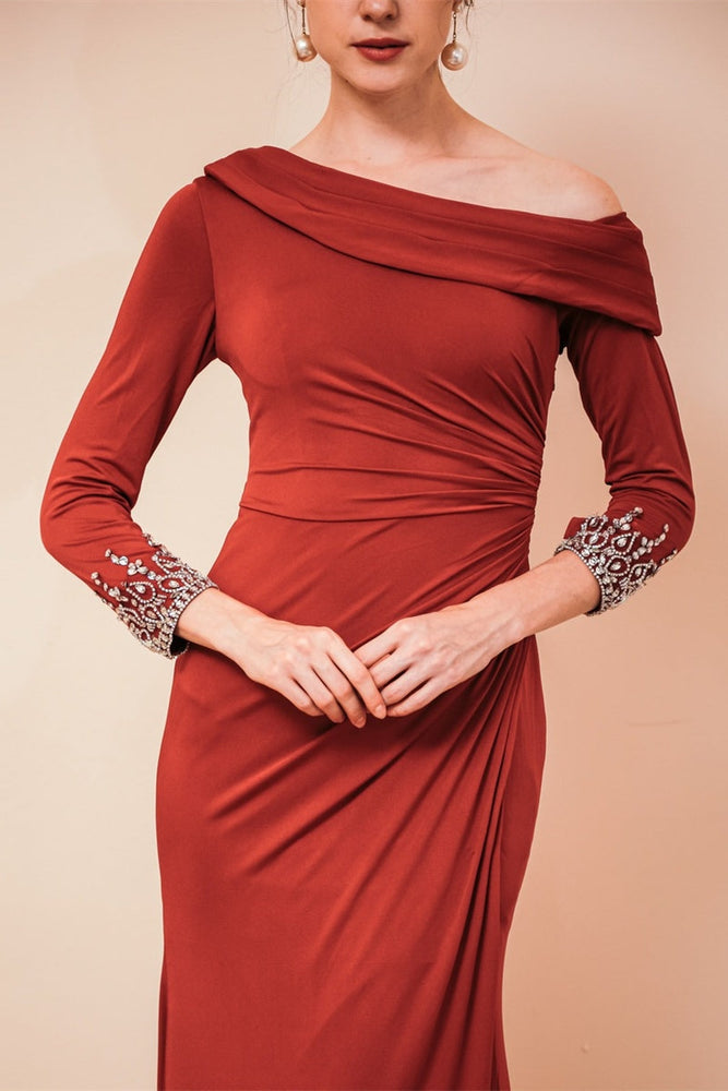 
                      
                        Long Sleeves Mermaid Burgundy Mother of the Bride Dress with Slit
                      
                    
