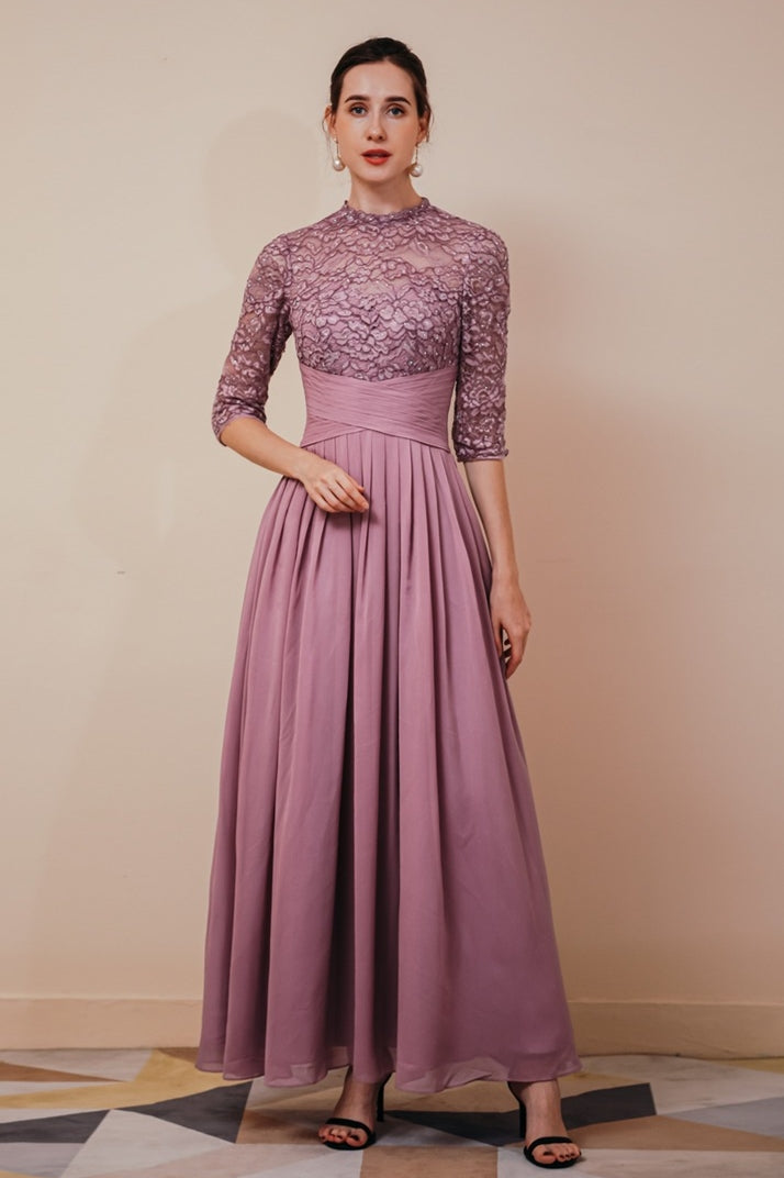 High Neck Mauve Lace Mother of the Bride Dress