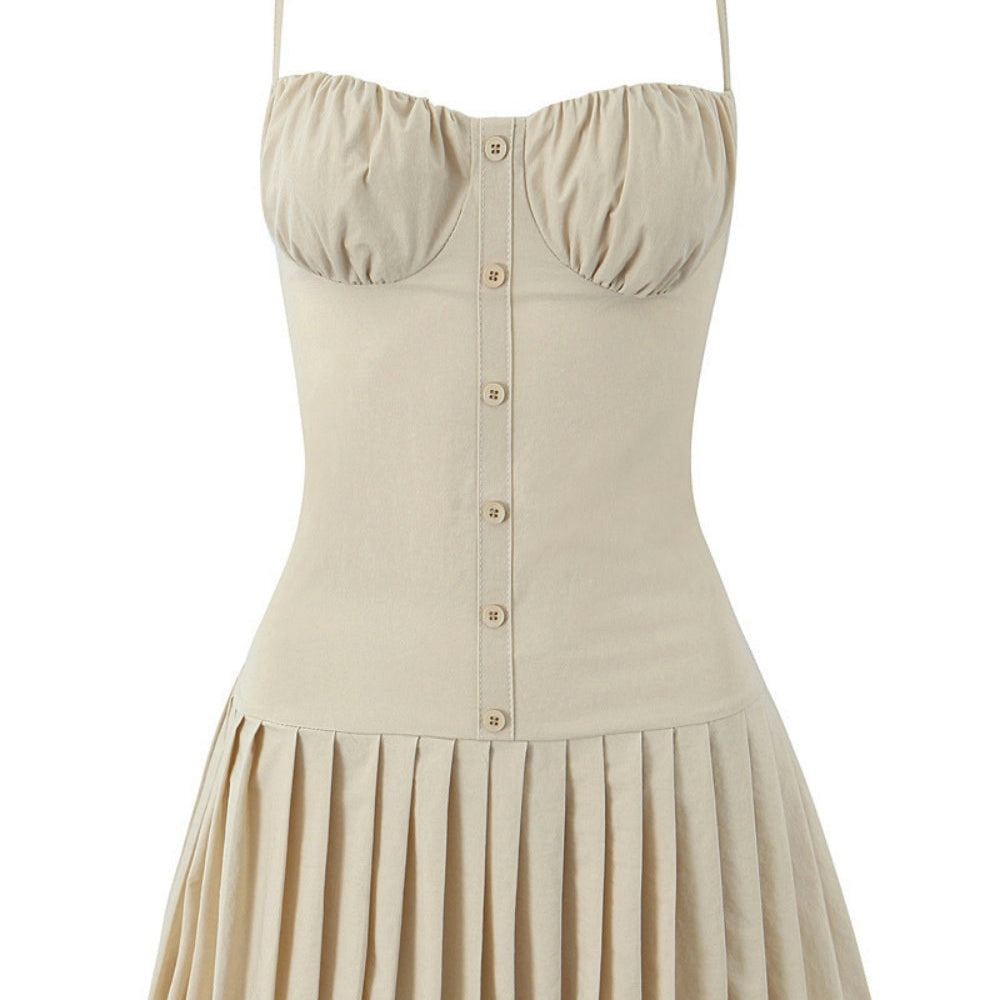 
                      
                        Strap Red Button Front Pleated Short Dress
                      
                    