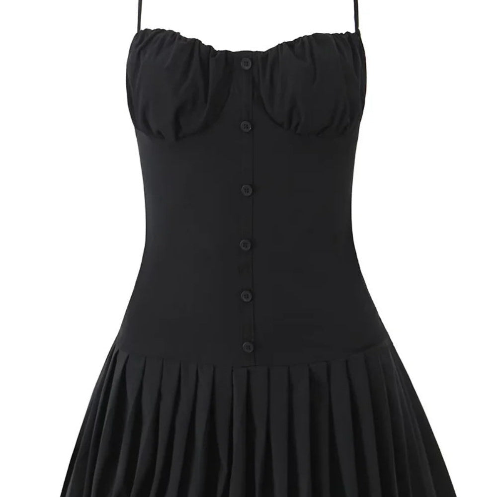 
                      
                        Strap Red Button Front Pleated Short Dress
                      
                    