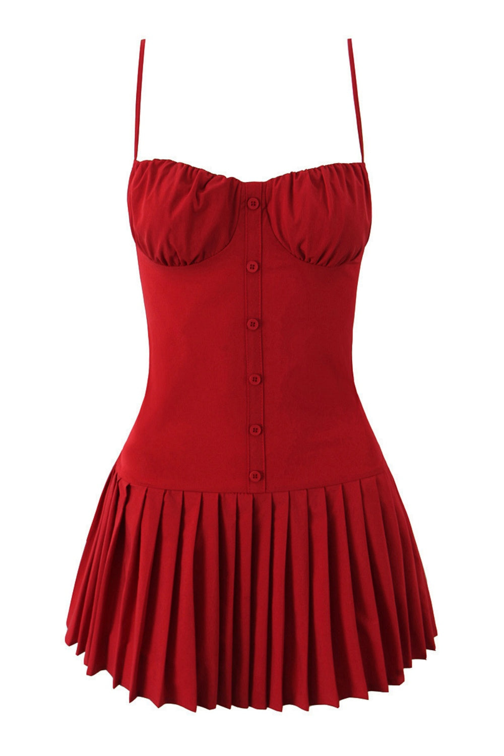 Strap Red Button Front Pleated Short Dress