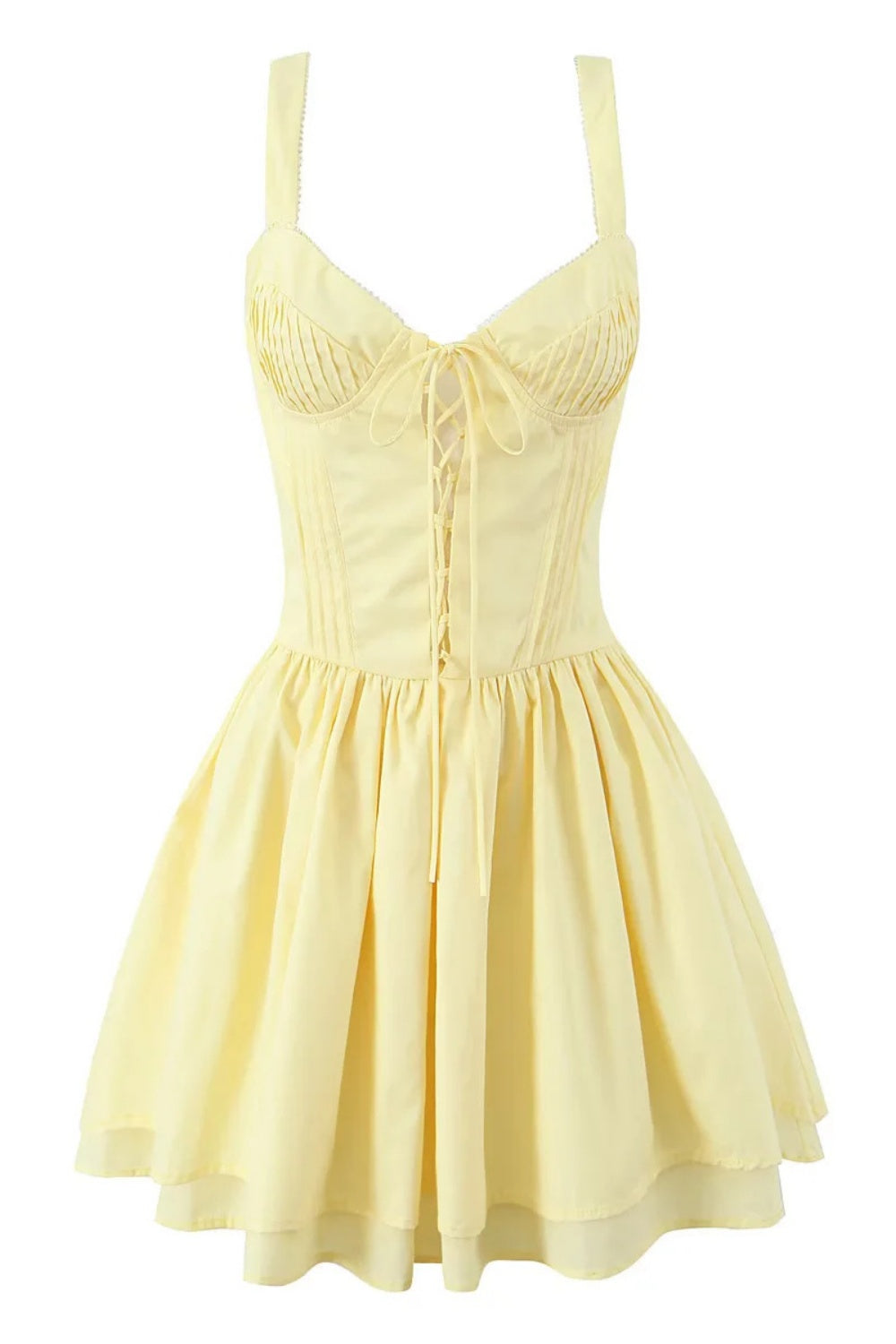 V-neck Yellow Lace-up Ruffle Short Dress