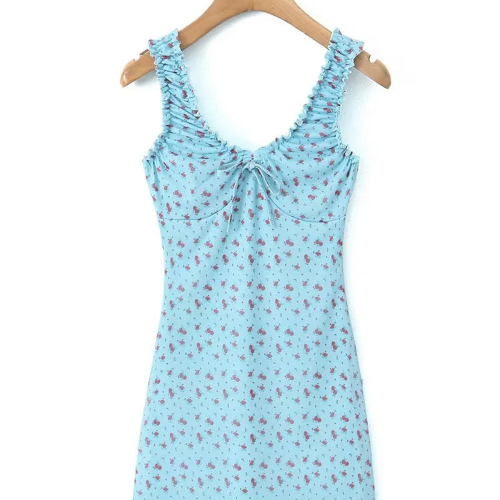 
                      
                        V-neck Blue Floral Print Bodycon Short Dress
                      
                    