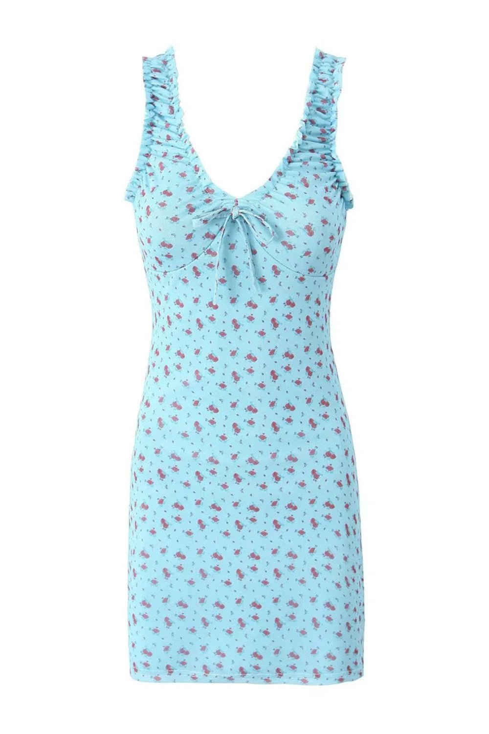 V-neck Blue Floral Print Bodycon Short Dress